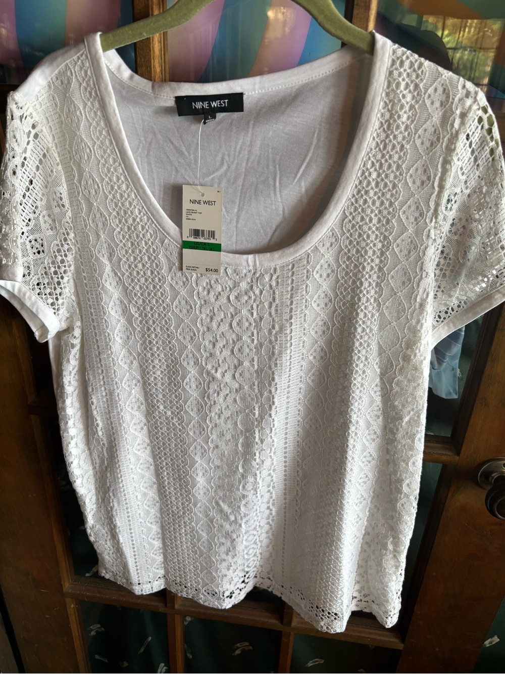 Nine West White Short Sleeve Lace Scoop Neck Tee